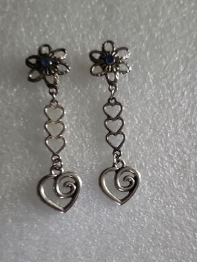 Hand Crafted Silver-Tone Floral & Heart Drop Earrings with Blue Accent